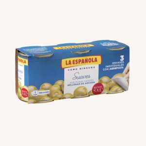 La Española Green olives stuffed with anchovies – Suaves, with 35% less salt, manzanilla variety, 3 cans pack 50 gr drained